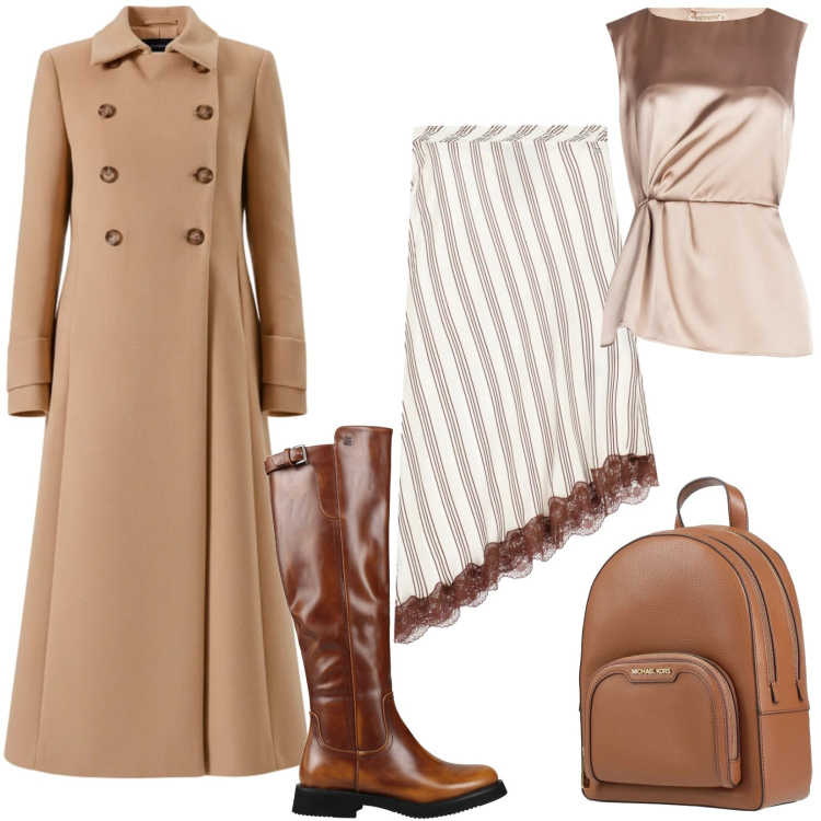 Outfit donna - Romantic & Glam. Stile Glamour per Tutti i giorni. Abbinamento con stivali, zaini, gonne longuette, bluse, cappotti.