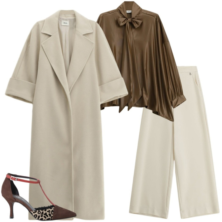 Outfit donna - Romantic glam. Stile Glamour per Serata fuori. Abbinamento con camicie, cappotti, décolleté, pantaloni a palazzo.