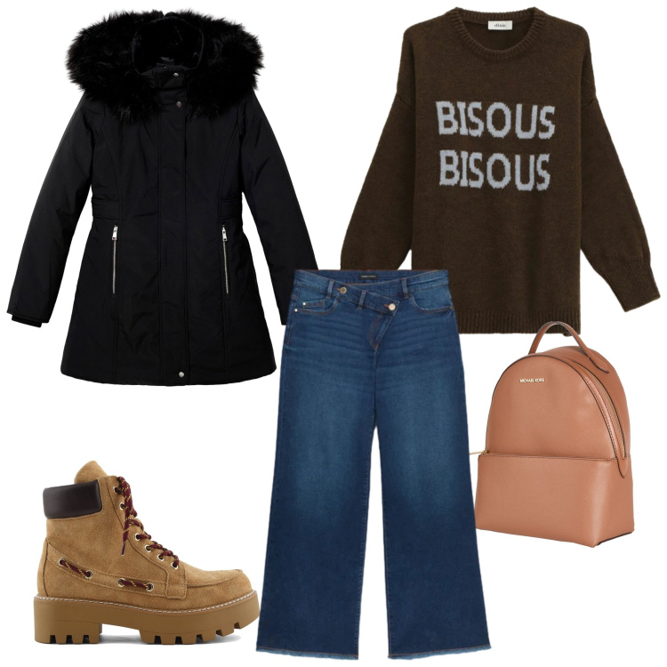 Outfit donna - Total look #2341224. Stile Casual chic per Tutti i giorni. Abbinamento con zaini, parka, jeans, maglieria, stivaletti.