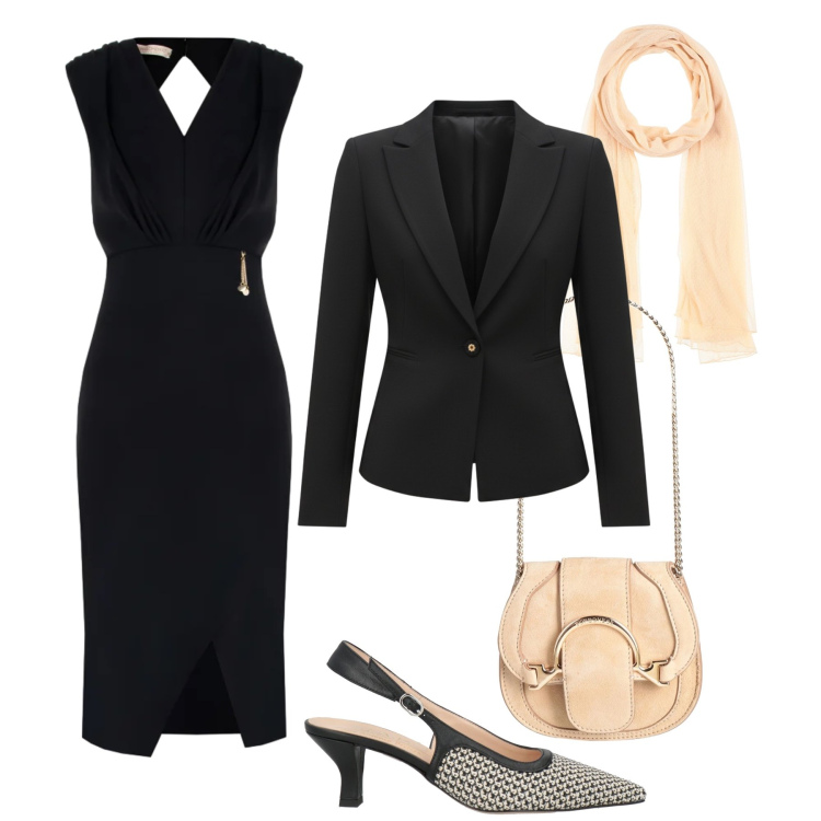 Outfit donna - Cut-out chic. Stile Chic per Serata fuori. Abbinamento con marsupi, décolleté, sciarpe, vestiti asimmetrici, blazer.