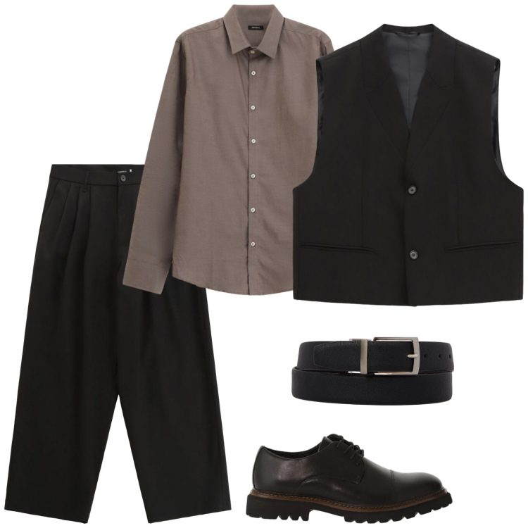Outfit uomo - Black and Brown. Stile Trendy per Serata speciale. Abbinamento con scarpe stringate, gilet, pantaloni, camicie, cinture.