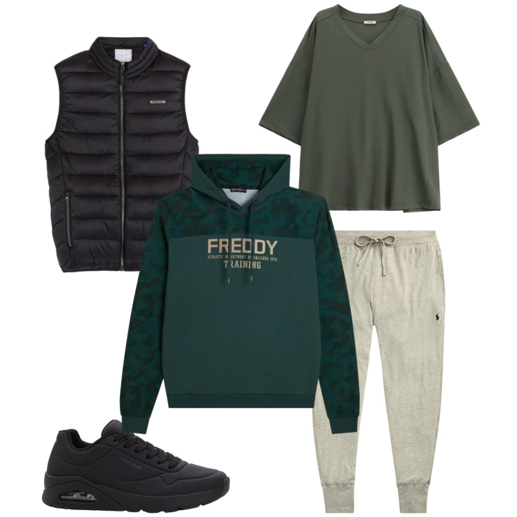 Outfit uomo - Urban Dynamic Training. Stile Urban per Tutti i giorni. Abbinamento con sneakers, t-shirt, piumini, felpe con cappuccio, pantaloni.