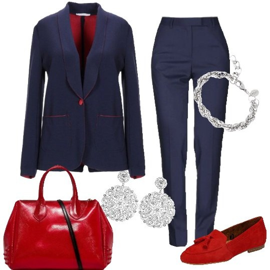 Outfit donna - Iperfemminile. Stile Trendy per Ufficio. Abbinamento con giacca con spacco posteriore collo con revers a maniche lunghe interno sfoderato jersey, pantalone a sigaretta con zip tinta unita, scarpe rosso, bracciale, borsa a tracolla effetto vernice taglia media con zip e tracolla regolabile, orecchini in argento 925.