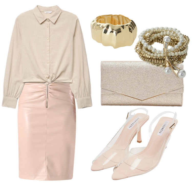 Outfit donna - Look. Stile Chic per Serata fuori. Abbinamento con sandali col tacco, camicie, braccialetti, braccialetti, clutch, gonne.