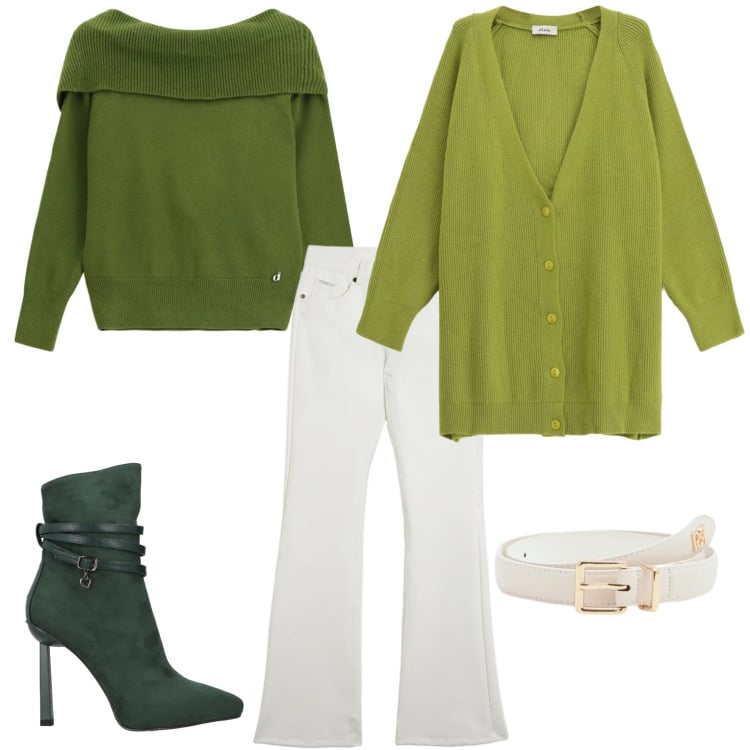 Outfit donna - Ever green. Stile Casual chic per Serata fuori. Abbinamento con stivaletti, maglieria, cardigans, pantaloni, cinture.