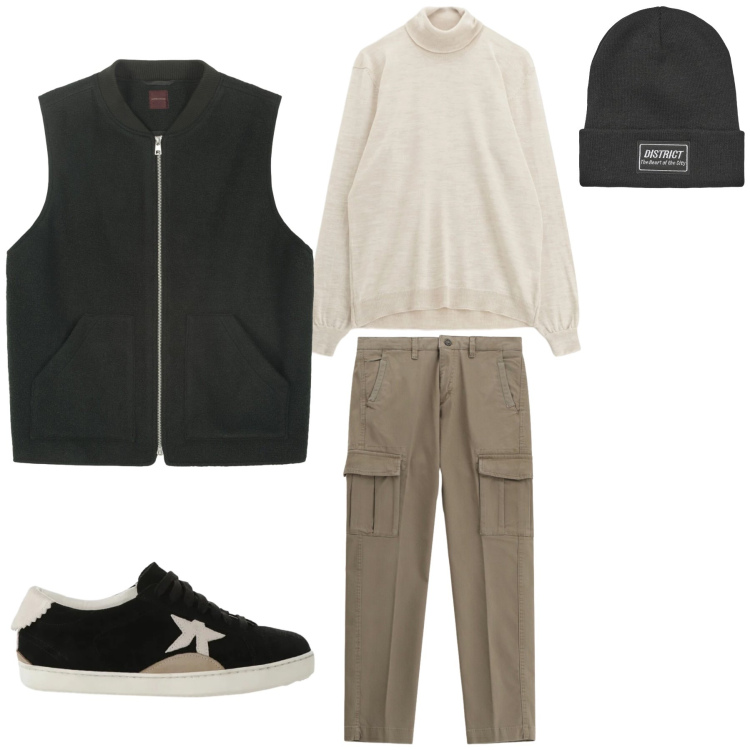 Outfit uomo - Urban Essential Look. Stile Urban per Tutti i giorni. Abbinamento con berretti, maglieria, pantaloni cargo, sneakers, piumini.
