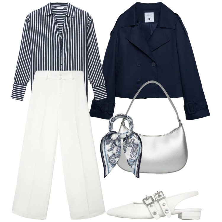 Outfit donna - Terranova collezione ss26. Stile Casual chic per Tutti i giorni. Abbinamento con caban, camicie, pantaloni, foulard, ballerine, borse a tracolla.