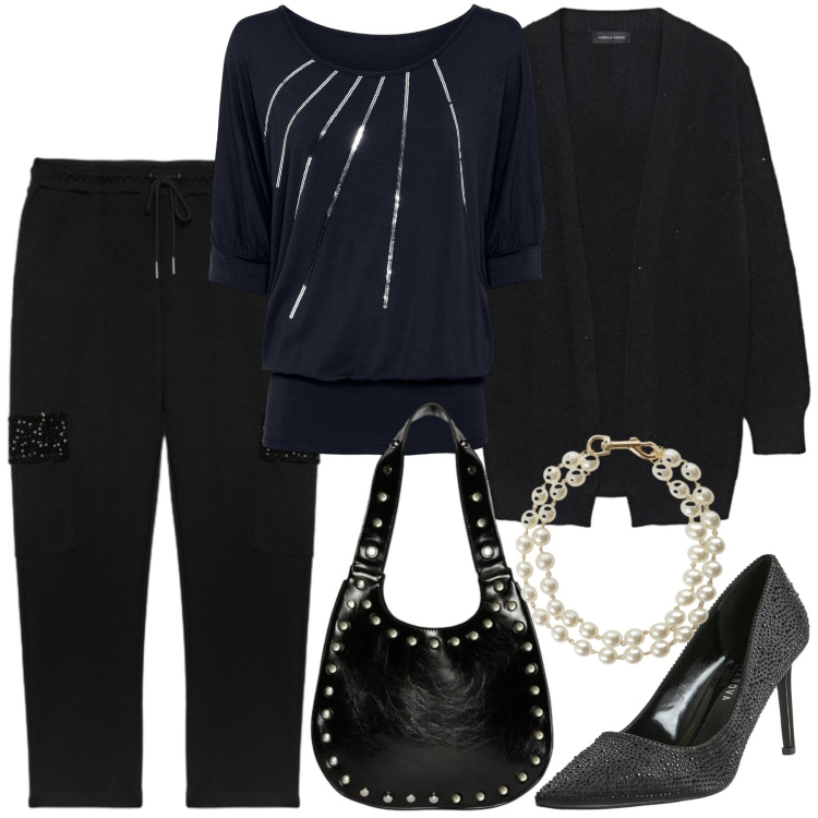 Outfit donna - Un tocco di luce d\'inverno - curvy. Stile Casual chic per Serata fuori. Abbinamento con maglieria, décolleté, cardigans, pantaloni cargo, borse a spalla, braccialetti.