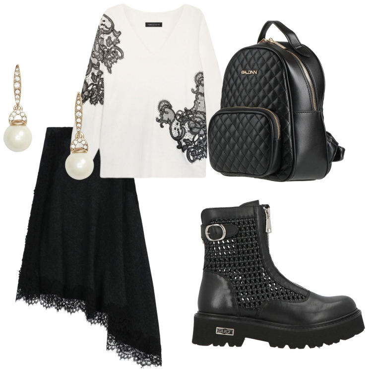 Outfit donna - Look. Stile Casual chic per Tutti i giorni. Abbinamento con stivaletti, zaini, maglieria, gonne lunghe, orecchini.