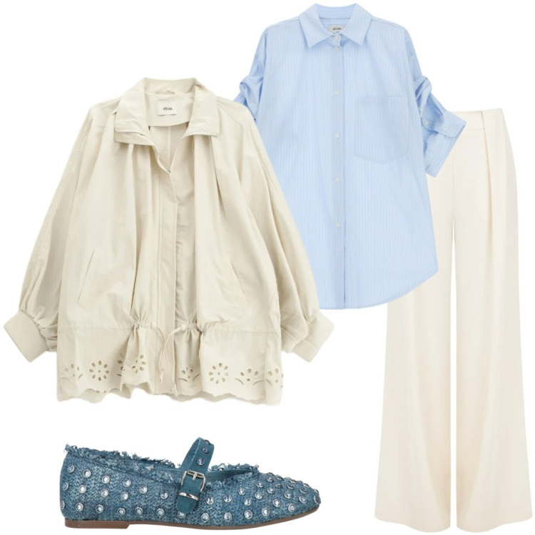 Outfit donna - Romantic glam. Stile Glamour per Serata fuori. Abbinamento con ballerine, parka, camicie, pantaloni a palazzo.