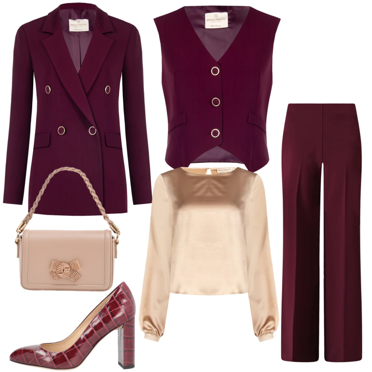 Outfit donna - Total look #2341241. Stile Casual chic per Serata fuori. Abbinamento con décolleté, pochette, bluse, blazer, pantaloni a palazzo, gilet.