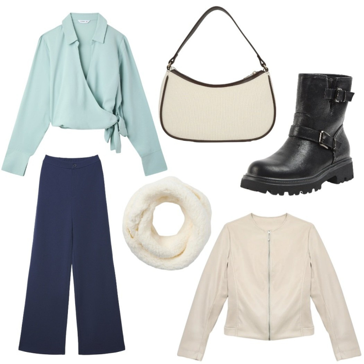 Outfit donna - Total look #2341243. Stile Casual chic per Tutti i giorni. Abbinamento con camicie, giacche, pantaloni, stivaletti, sciarpe, borse a tracolla.