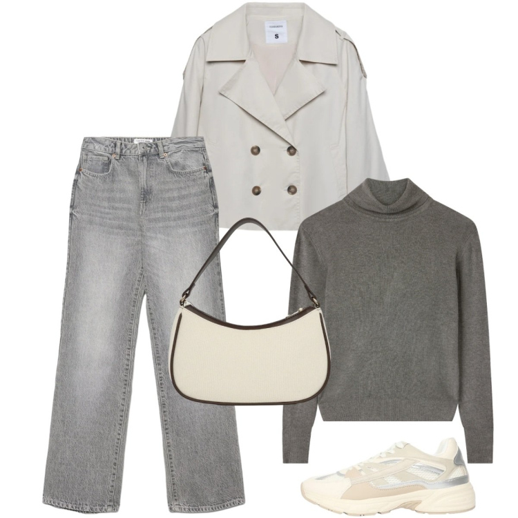 Outfit donna - Total look #2341249. Stile Casual per Tutti i giorni. Abbinamento con caban, jeans dritti, maglieria, sneakers, borse a tracolla.