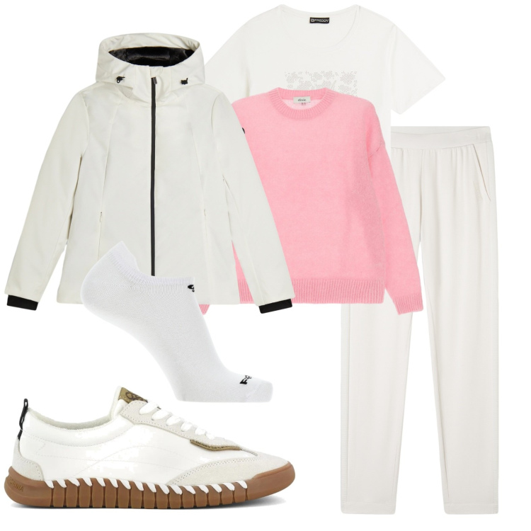 Outfit donna - Vado a camminare con le amiche. Stile Sporty chic per Tutti i giorni. Abbinamento con maglieria, bomber, pantaloni sportivi, calzini, t-shirt, sneakers.