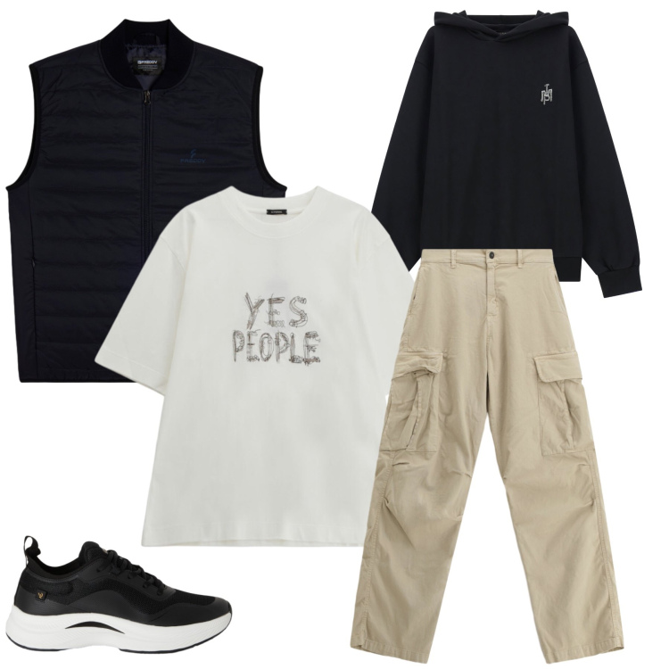 Outfit uomo - Urban Contrast Explorer. Stile Urban per Tutti i giorni. Abbinamento con pantaloni cargo, felpe con cappuccio, t-shirt, piumini, sneakers.