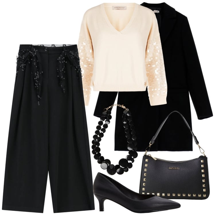Outfit donna - Un tocco di luce d\'inverno - curvy. Stile Chic per Serata fuori. Abbinamento con décolleté, pantaloni a palazzo, pochette, collane, cappotti, maglieria.