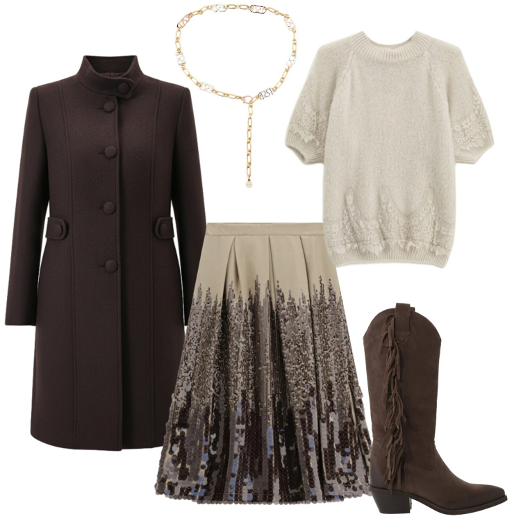 Outfit donna - Romantic & Glam. Stile Glamour per Serata fuori. Abbinamento con maglieria, stivali, gonne longuette, cinture, cappotti.