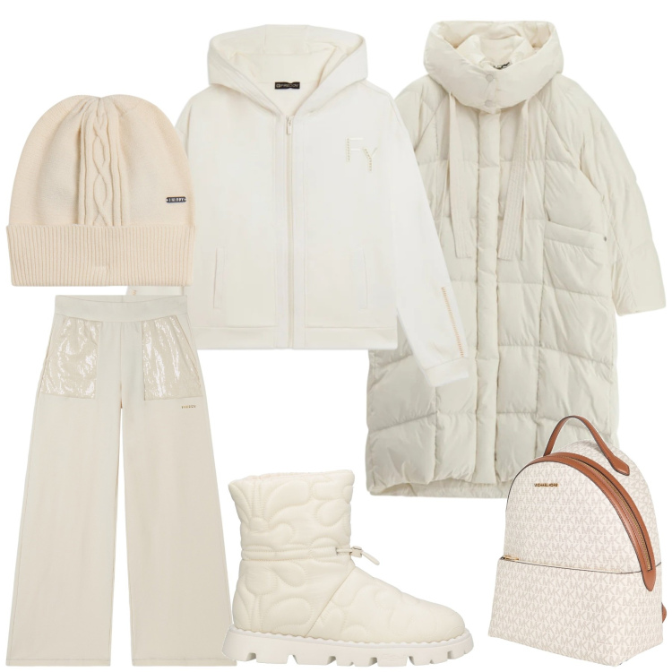 Outfit donna - Look. Stile Sporty chic per Tutti i giorni. Abbinamento con stivaletti, zaini, berretti, pantaloni, felpe con cappuccio, piumini.