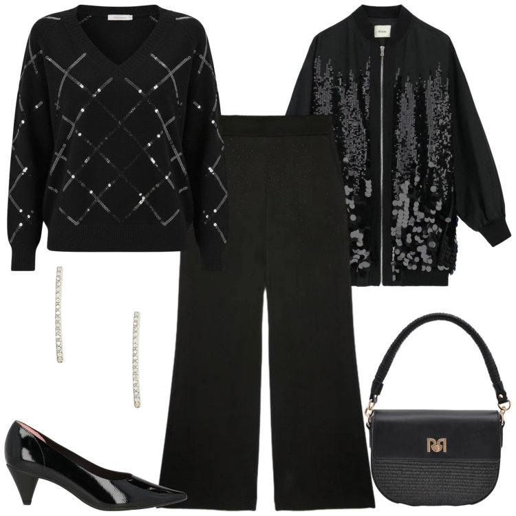 Outfit donna - Un tocco di luce d\'inverno - curvy. Stile Chic per Serata fuori. Abbinamento con décolleté, pantaloni, bomber, borse a spalla, maglieria, orecchini.