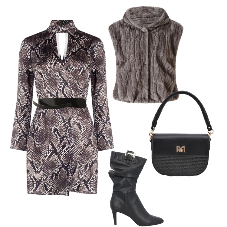 Outfit donna - Cut-Out aperitivo in trend. Stile Trendy per Serata fuori. Abbinamento con stivali, cinture, borse a spalla, vestiti corti, piumini.