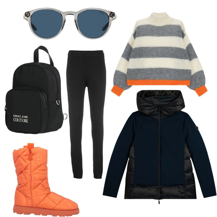 Outfit donna - Total look #2341270. Stile Casual per Tutti i giorni. Abbinamento con zaini, stivaletti, leggings, maglieria, piumini, occhiali da sole.