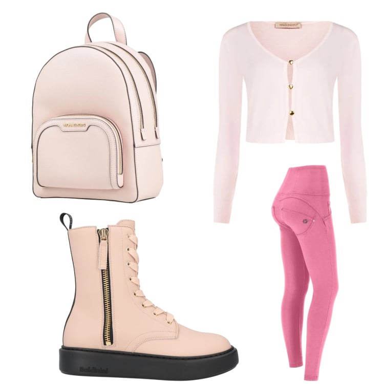 Outfit donna - Sfumature di rosa. Stile Sporty chic per Tutti i giorni. Abbinamento con stivaletti, zaini, cardigans, pantaloni skinny.