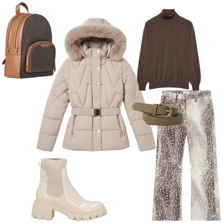 Outfit donna - Total look #2341280. Stile Casual chic per Scuola/Università. Abbinamento con zaini, stivaletti, maglieria, pantaloni, piumini, cinture.