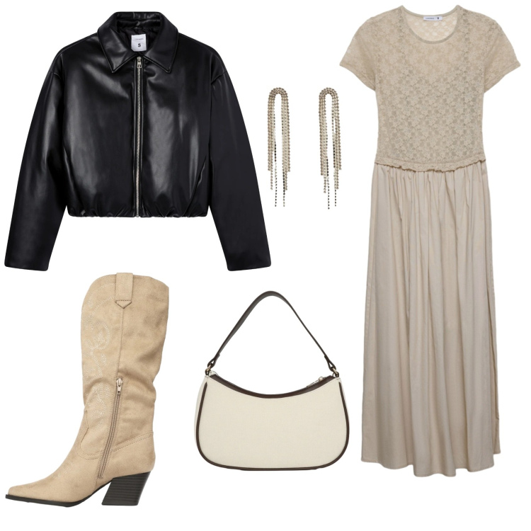 Outfit donna - Femminilità con grinta. Stile Trendy per Tutti i giorni. Abbinamento con vestiti lunghi, orecchini, stivali, giacche, borse a tracolla.