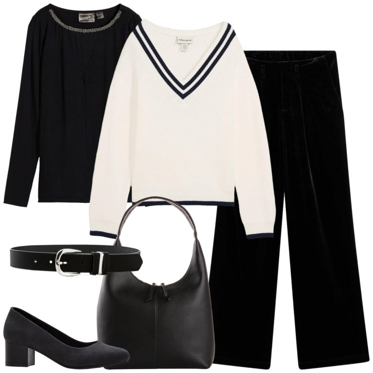 Outfit donna - Bonprix - aspettando la primavera. Stile Minimal per Ufficio. Abbinamento con maglieria, bluse, pantaloni, décolleté, shopping bag, cinture.