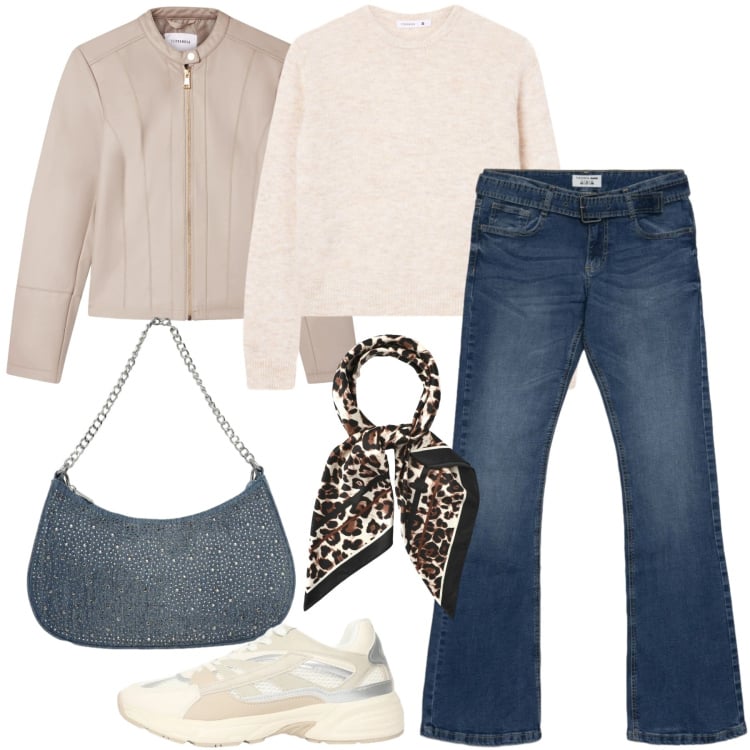 Outfit donna - Terranova - Spring start here. Stile Casual chic per Tutti i giorni. Abbinamento con jeans a zampa, borse a tracolla, foulard, sneakers, giacche, maglieria.