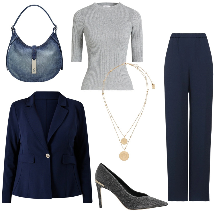 Outfit donna - Casual & Chic. Stile Trendy per Tutti i giorni. Abbinamento con pantaloni, pullovers, décolleté, blazer, ciondoli, borse a spalla.