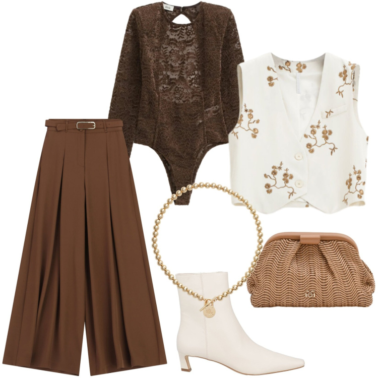 Outfit donna - Total look #2341299. Stile Casual chic per Tutti i giorni. Abbinamento con stivaletti, gilet, pantaloni a palazzo, body, pochette, collane.