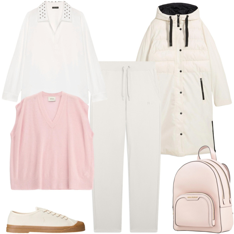 Outfit donna - Febbraio in tonalità soft - curvy. Stile Sporty chic per Tutti i giorni. Abbinamento con zaini, piumini, camicie, maglieria, pantaloni, sneakers.