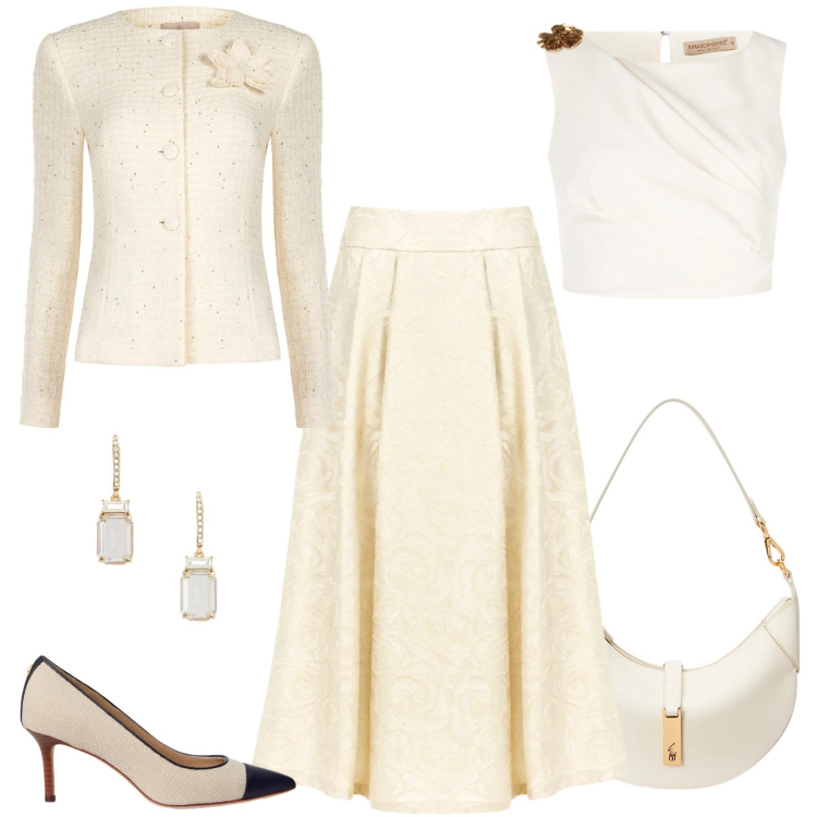 Outfit donna - Total look #2341343. Stile Romantica per Cerimonia. Abbinamento con blazer, gonne longuette, top, orecchini, décolleté, borse a spalla.