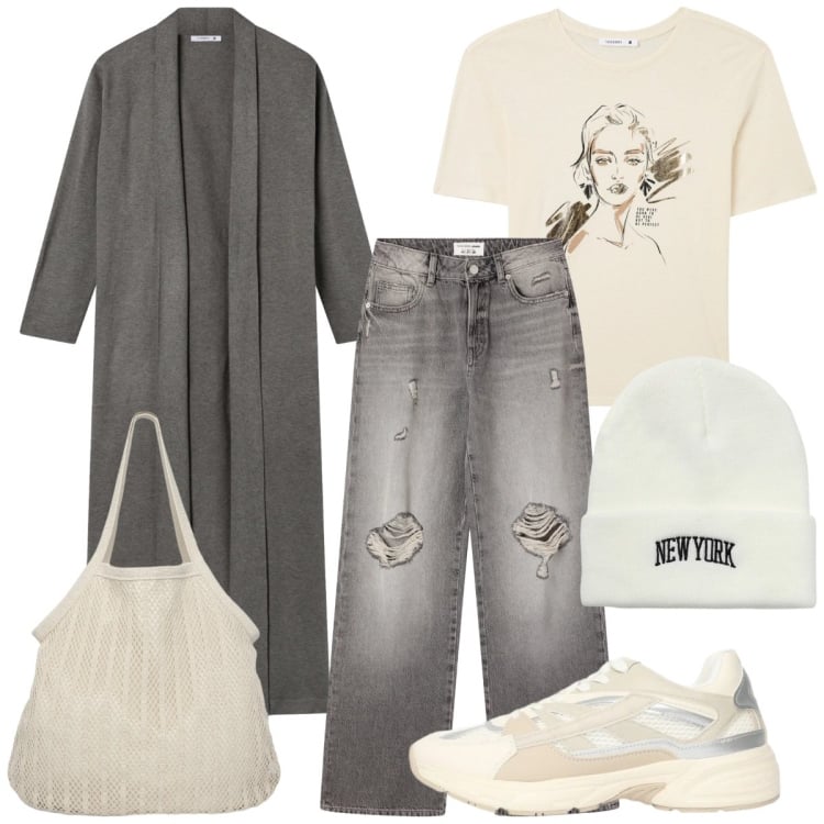 Outfit donna - Super star. Stile Sporty chic per Tutti i giorni. Abbinamento con cardigans, jeans strappati, t-shirt, sneakers, shopping bag, berretti.