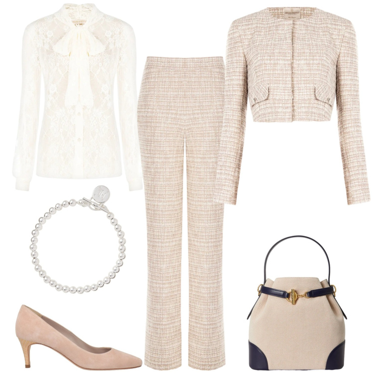 Outfit donna - Total look #2341347. Stile Chic per Cerimonia. Abbinamento con décolleté, blazer, pantaloni a palazzo, camicie, borse a secchiello, braccialetti.