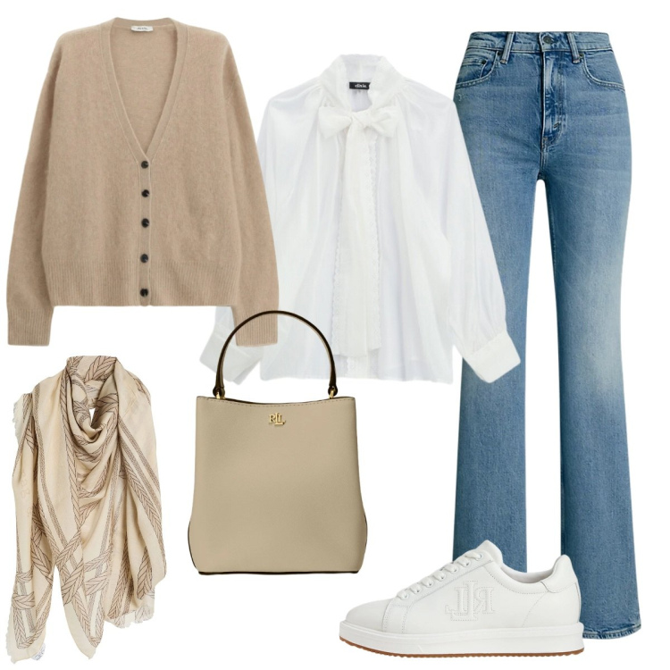 Outfit donna - Pratica in ufficio. Stile Sporty chic per Tutti i giorni. Abbinamento con sciarpe, bluse, cardigans, sneakers, jeans bootcut, borse a secchiello.