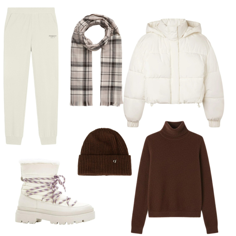 Outfit donna - In Montagna tra Sport e Olimpiadi in TV. Stile Sporty chic per Tutti i giorni. Abbinamento con stivali da neve, sciarpe, bomber, cappelli, pantaloni, pullovers.
