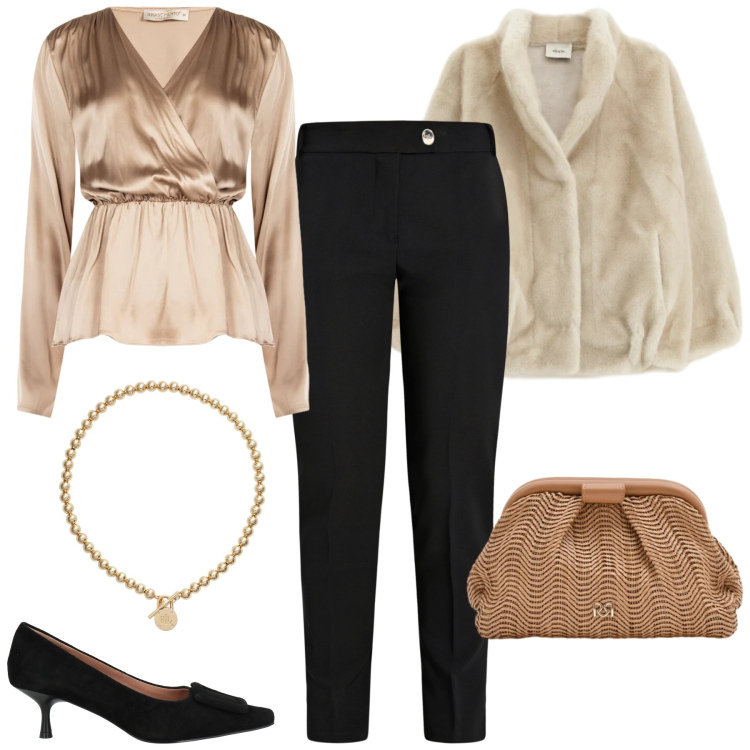 Outfit donna - Total look #2341350. Stile Chic per Cerimonia. Abbinamento con décolleté, blazer, pantaloni, bluse, pochette, collane.