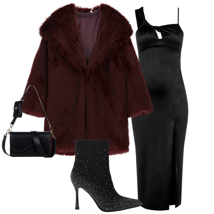 Outfit donna - Abito cut -out. Stile Chic per Serata fuori. Abbinamento con ecopellicce, stivaletti, vestiti a tubino, pochette.