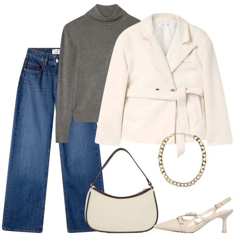 Outfit donna - Ed è subito primavera. Stile Casual per Ufficio. Abbinamento con jeans, collane, maglieria, blazer, décolleté, borse a tracolla.