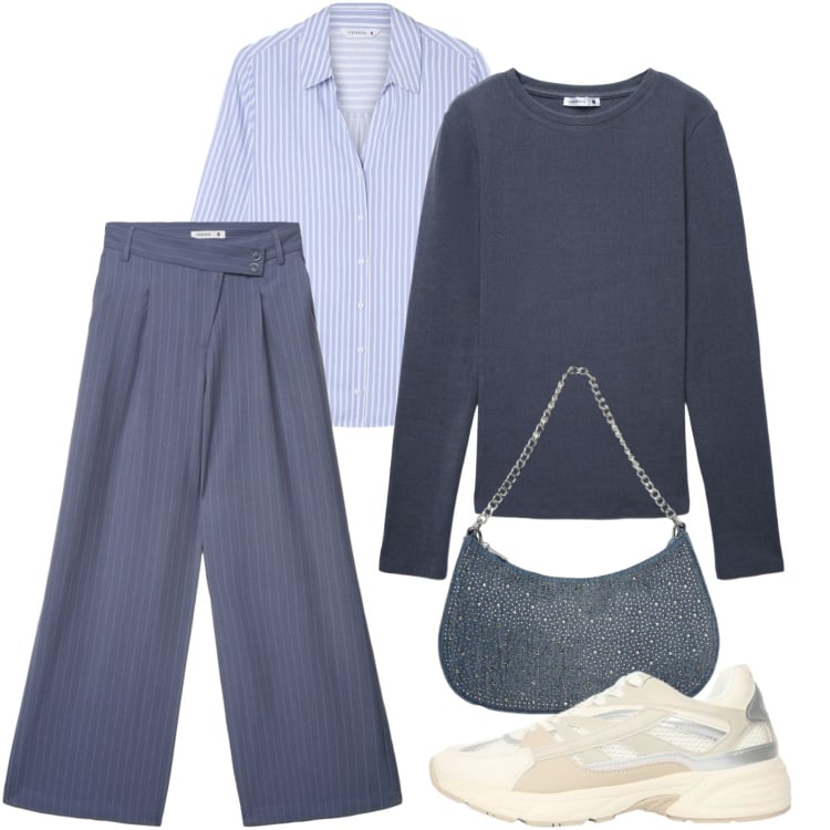 Outfit donna - Il blu primavera. Stile Casual chic per Tutti i giorni. Abbinamento con pantaloni, t-shirt, sneakers, borse a tracolla, camicie.