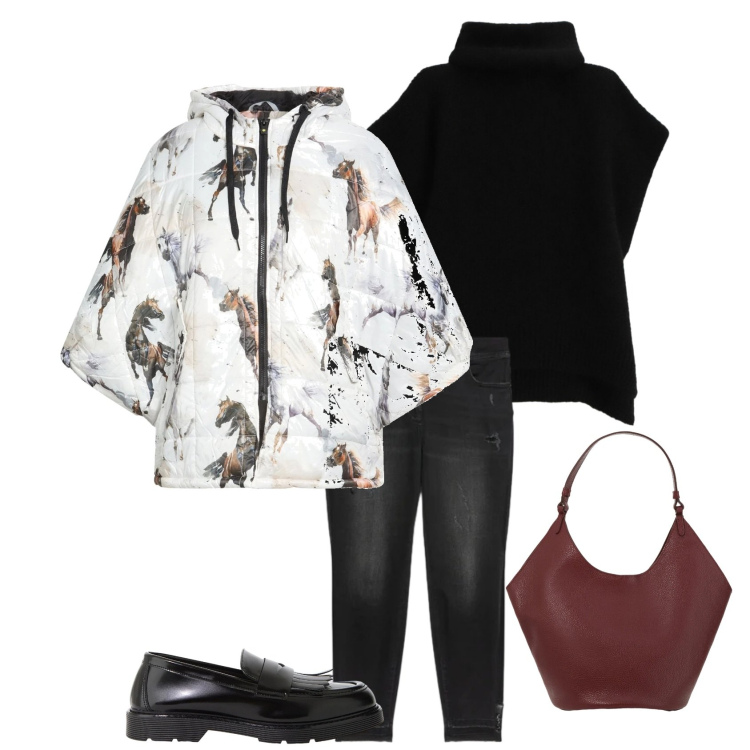 Outfit donna - Comodo è chic. Stile Sporty chic per Tutti i giorni. Abbinamento con cappe, jeans strappati, maglieria, borse a spalla, mocassini.