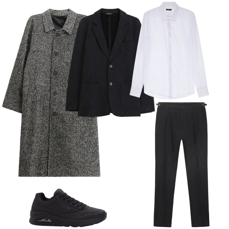 Outfit uomo - Monochrome Formal Textures. Stile Trendy per Serata speciale. Abbinamento con sneakers, cappotti, camicie, giacche, pantaloni.