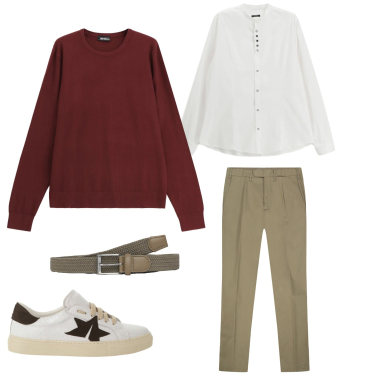 Outfit uomo - Eleganza Casual in Bordeaux e Khaki. Stile Trendy per Tutti i giorni. Abbinamento con camicie, sneakers, maglieria, cinture, pantaloni.