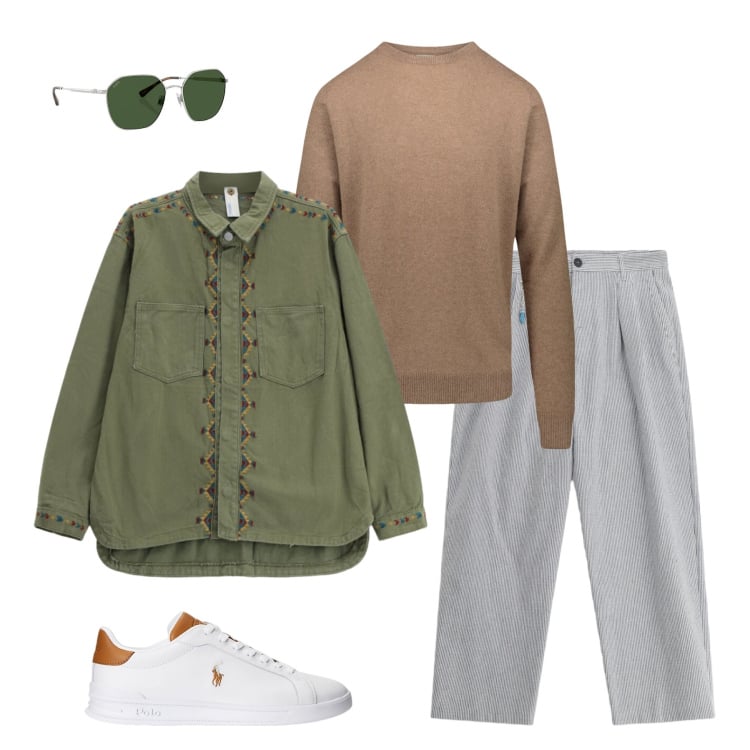 Outfit uomo - Equilibrio Etnico e Chic. Stile Urban per Tutti i giorni. Abbinamento con pantaloni, camicie, occhiali da sole, sneakers, maglieria.