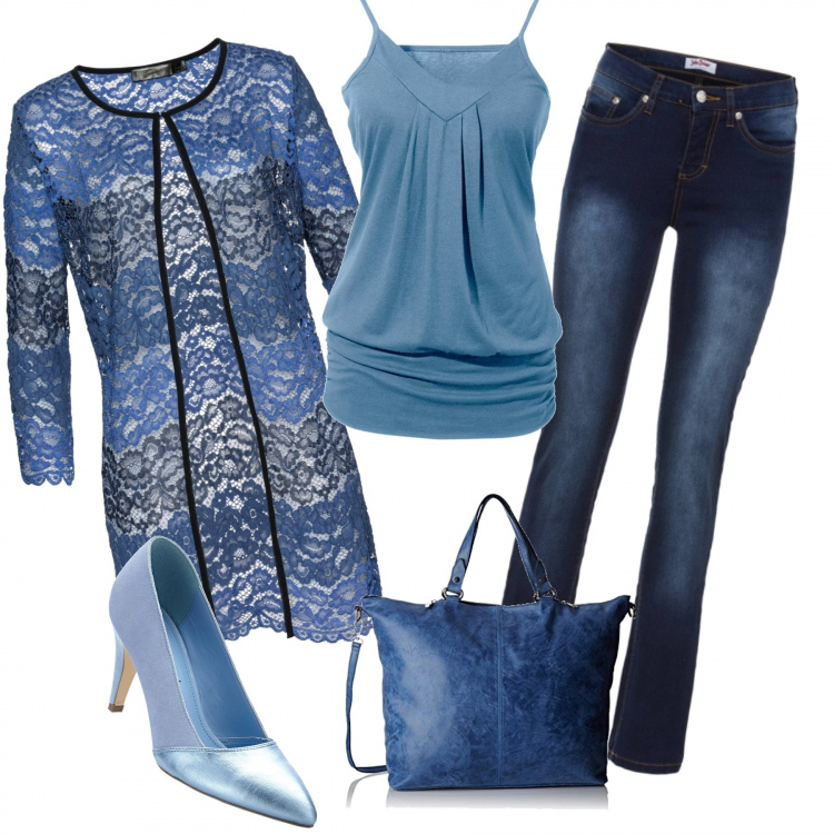 Outfit donna - Nuance blu e cardigan in pizzo. Stile Basic per Tutti i giorni. Abbinamento con top, giacca con pizzo blu, jeans, décolleté, borsa a tracolla in denim blu.