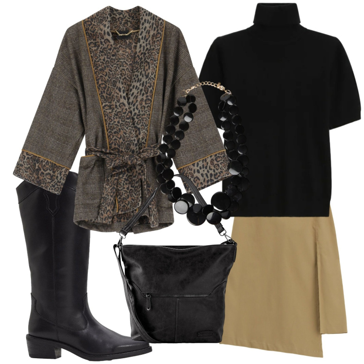 Outfit donna - Giacca kimono. Stile Trendy per Tutti i giorni. Abbinamento con borse a spalla, stivali, maglieria, collane, gonne longuette, blazer.