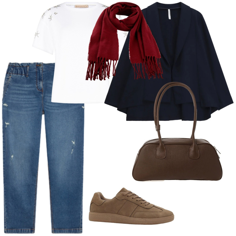 Outfit donna - Casual. per Tutti i giorni. Abbinamento con sciarpe, sneakers, blazer, jeans strappati, borse a mano, t-shirt.