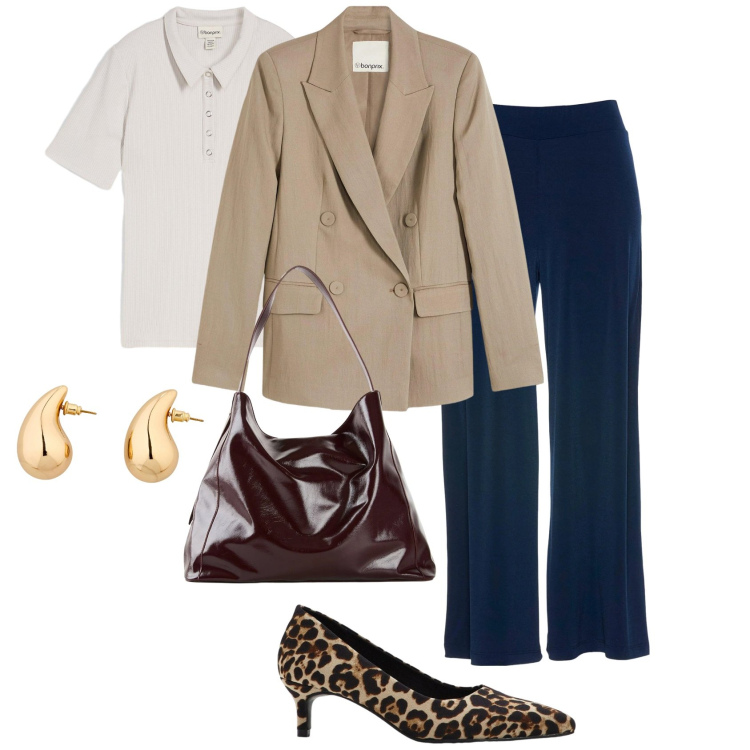 Outfit donna - Chic con panta- coulotte e polo. Stile Casual chic per Tutti i giorni. Abbinamento con pantaloni culotte, décolleté, polo, shopping bag, orecchini, blazer.
